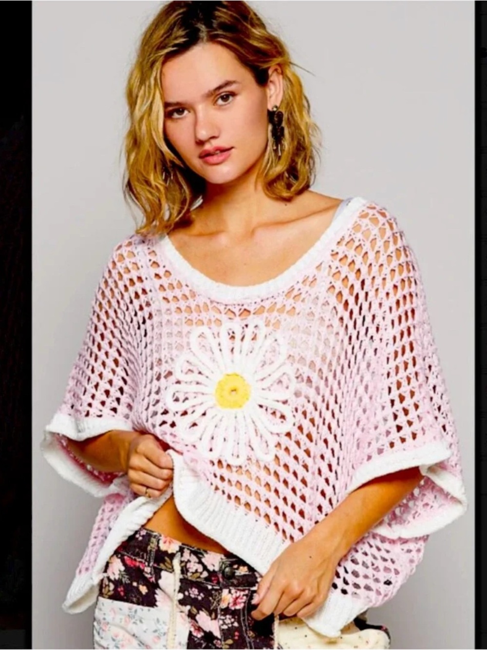 POL Pink Crochet Daisy Poncho with White Trim